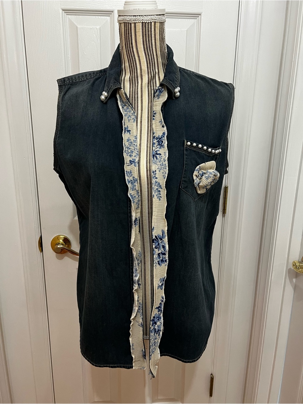 Sleeveless buttery soft lightweight blue denim top. Upcycled